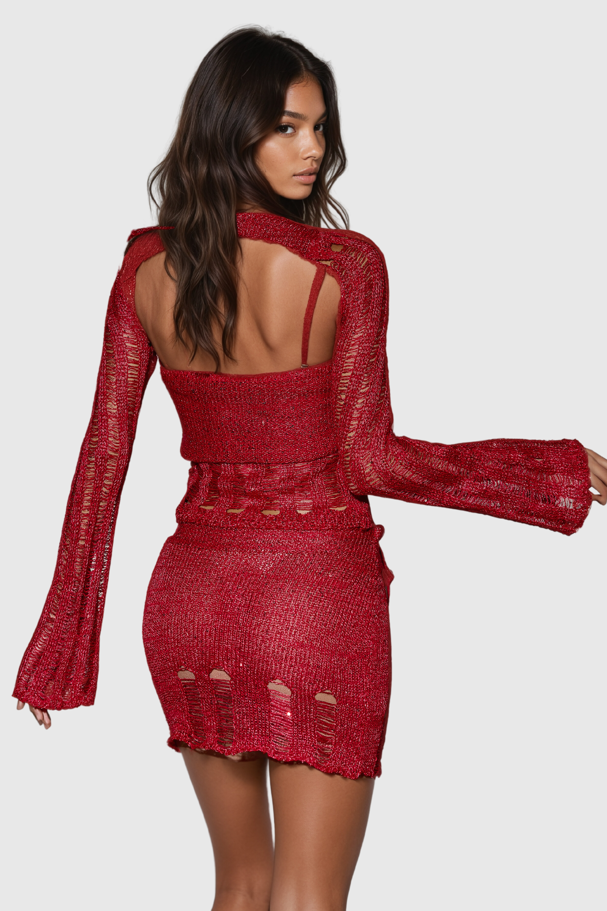 Agafya Sequin Cutout Lace Up Knit Skirt Set In Red