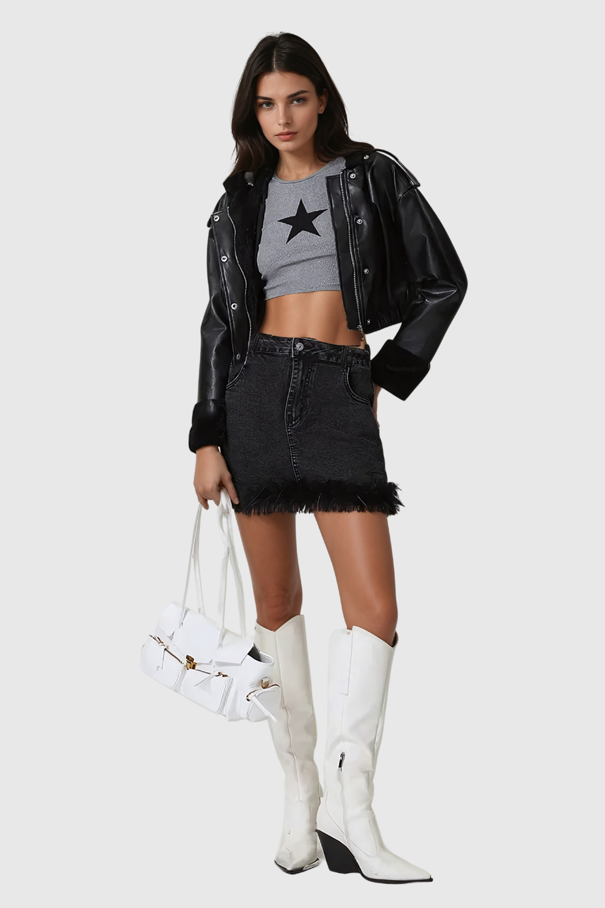 Agnaiyanke Deconstruct Faux Fur Denim Skirt