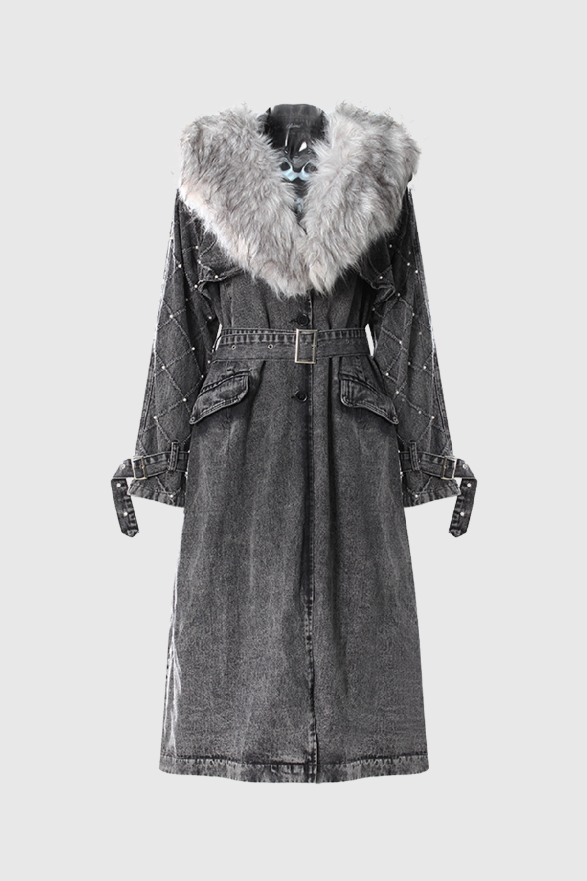 Agneza Faux Fur Studded Lapel Denim Coat