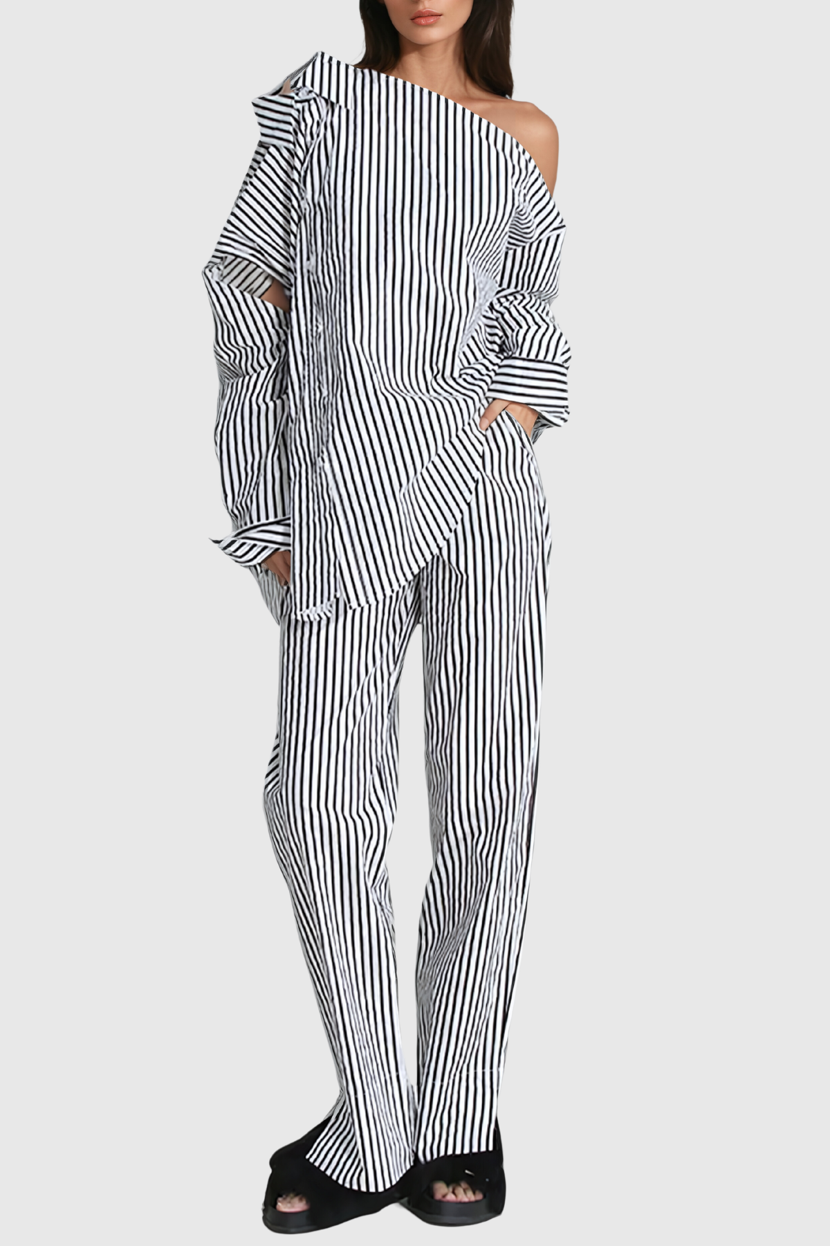 Agostino Single Shoulder Cutout Stripe Pants Set