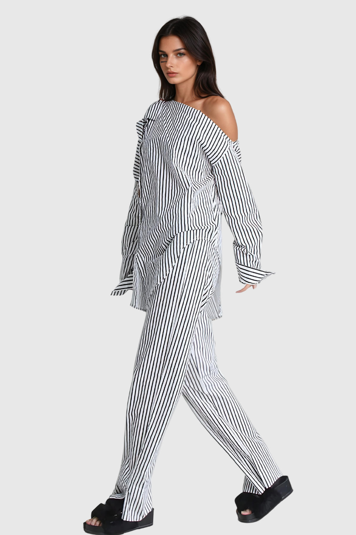 Agostino Single Shoulder Cutout Stripe Pants Set