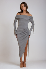 Agustina Off Shoulder Drawstring Split Knit Midi Dress