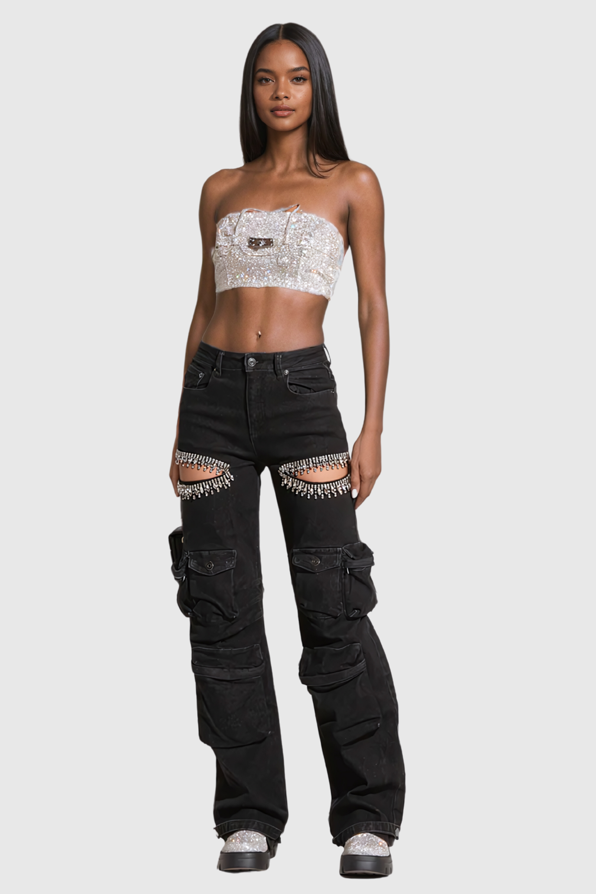 Ahava Diamond Cutout Cargo Jeans In Black