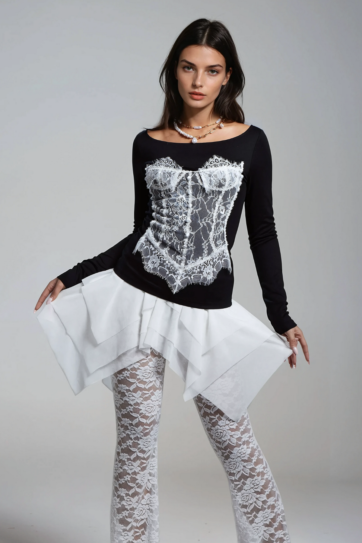 Ahmoua Lace Deconstruct Long Sleeve Top