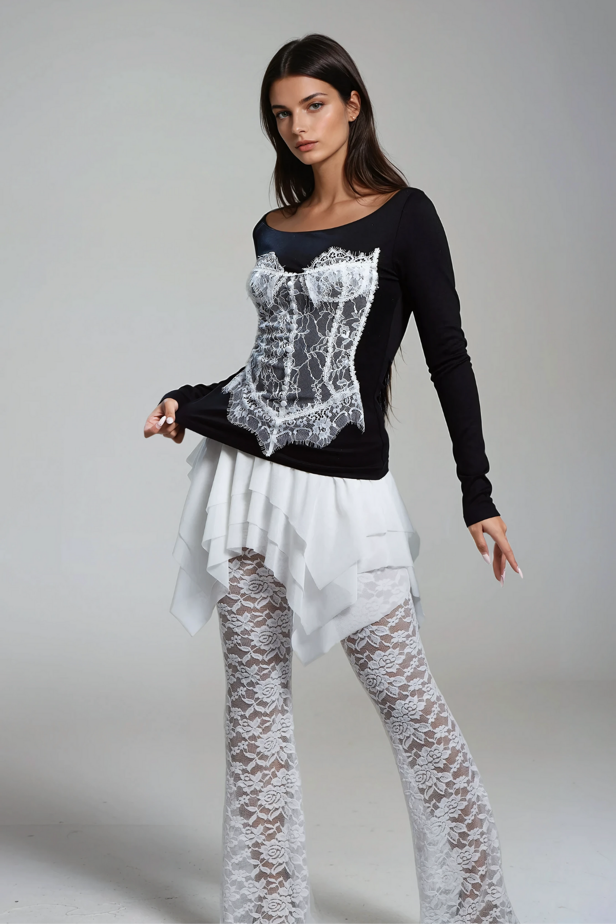 Ahmoua Lace Deconstruct Long Sleeve Top