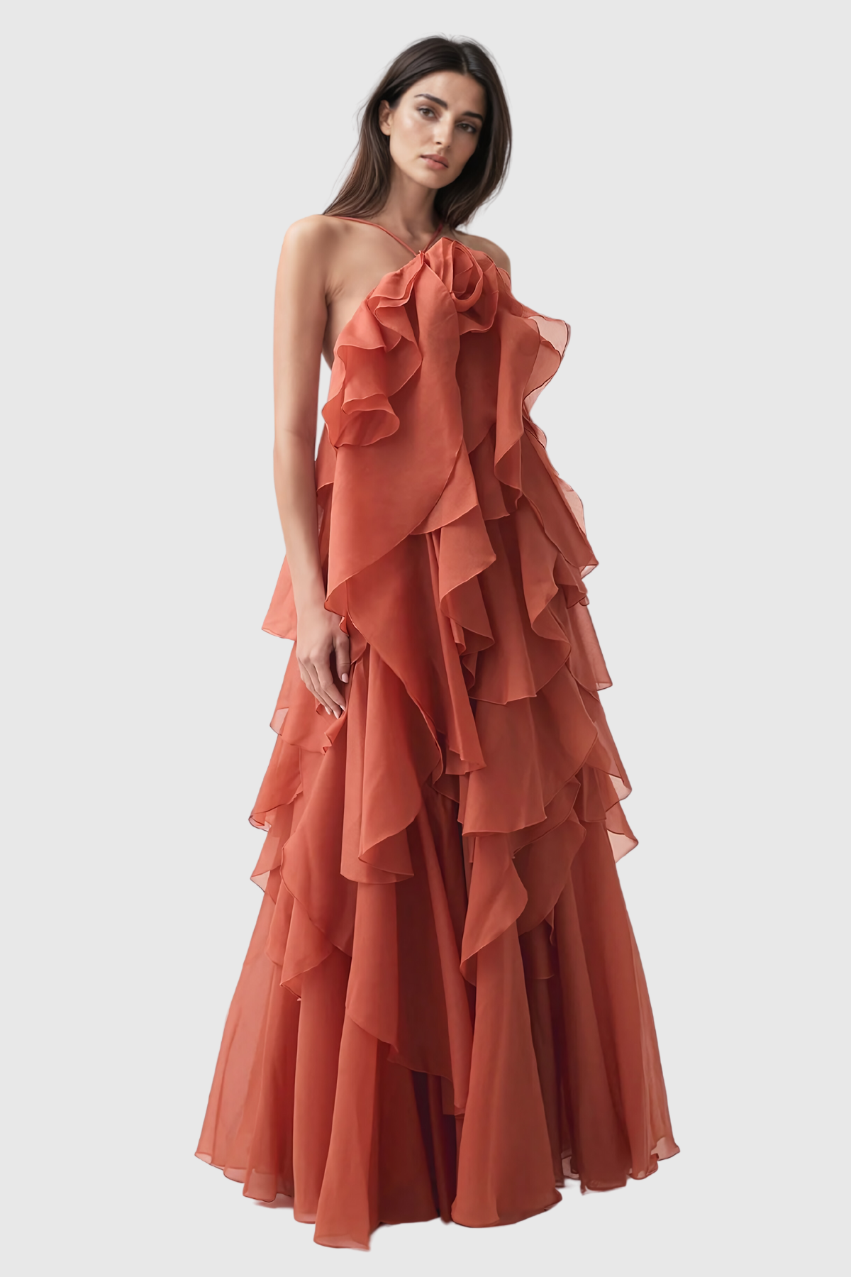 Ailish Backless Flower Ruch Maxi Dress In Orange