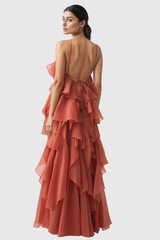 Ailish Backless Flower Ruch Maxi Dress In Orange