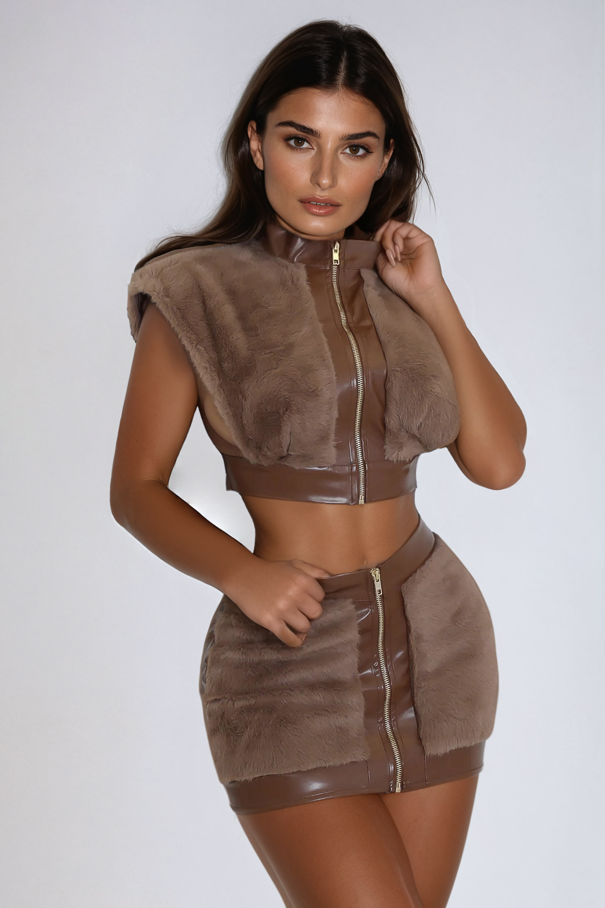 Aiman Faux Fur Sleeveless Skirt Set In Brown