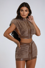 Aiman Faux Fur Sleeveless Skirt Set In Brown