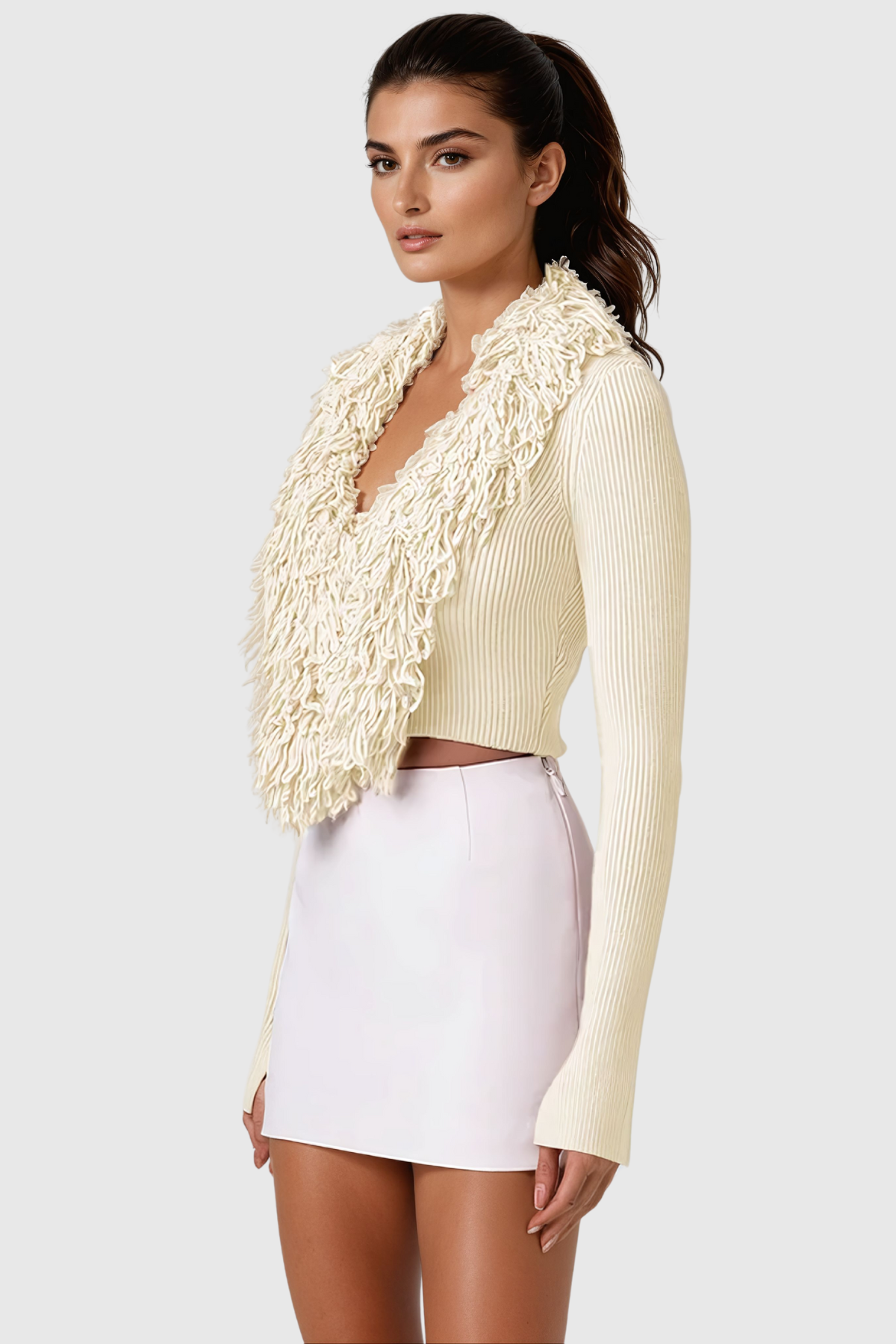 Aimee Fringe Plunge Knit Top In Apricot
