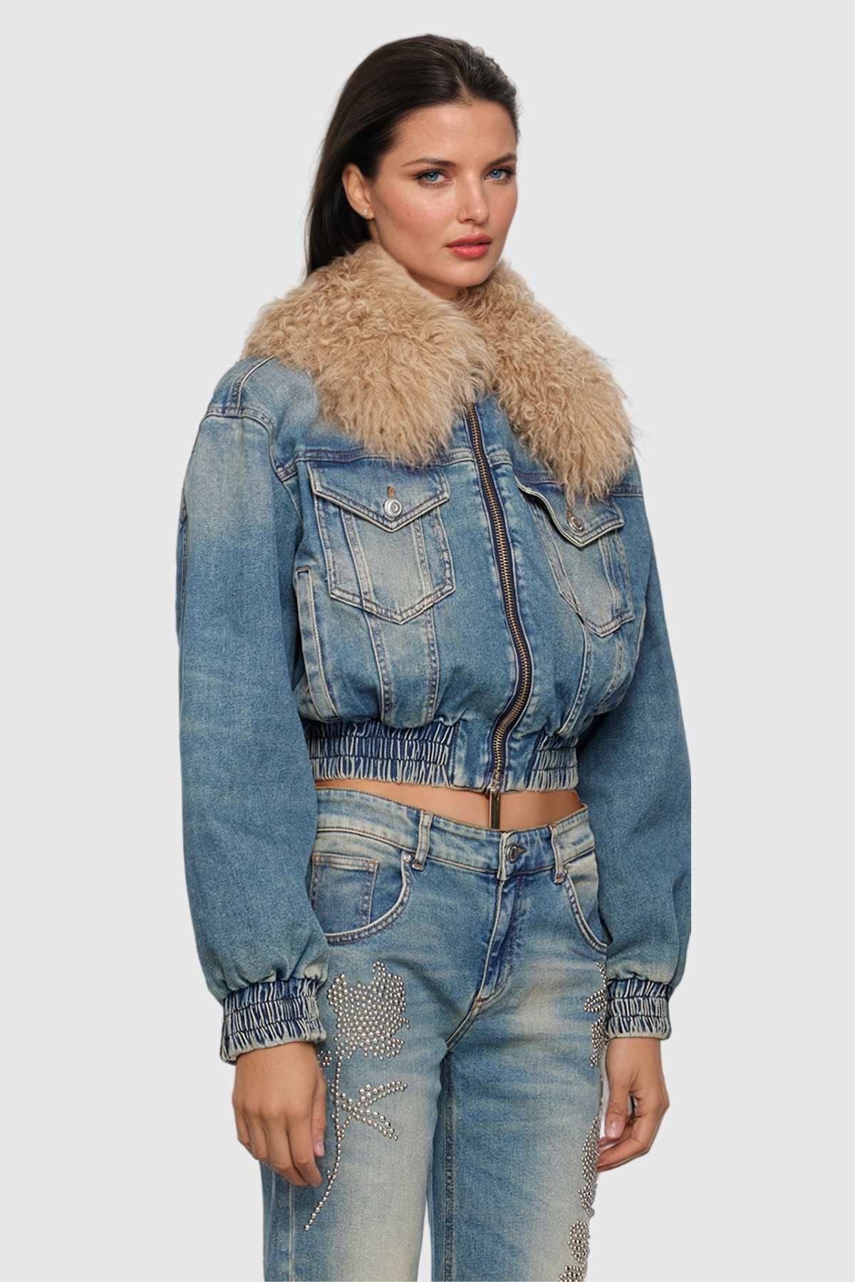 Akuna Faux Fur Ruch Pocket Denim Jacket