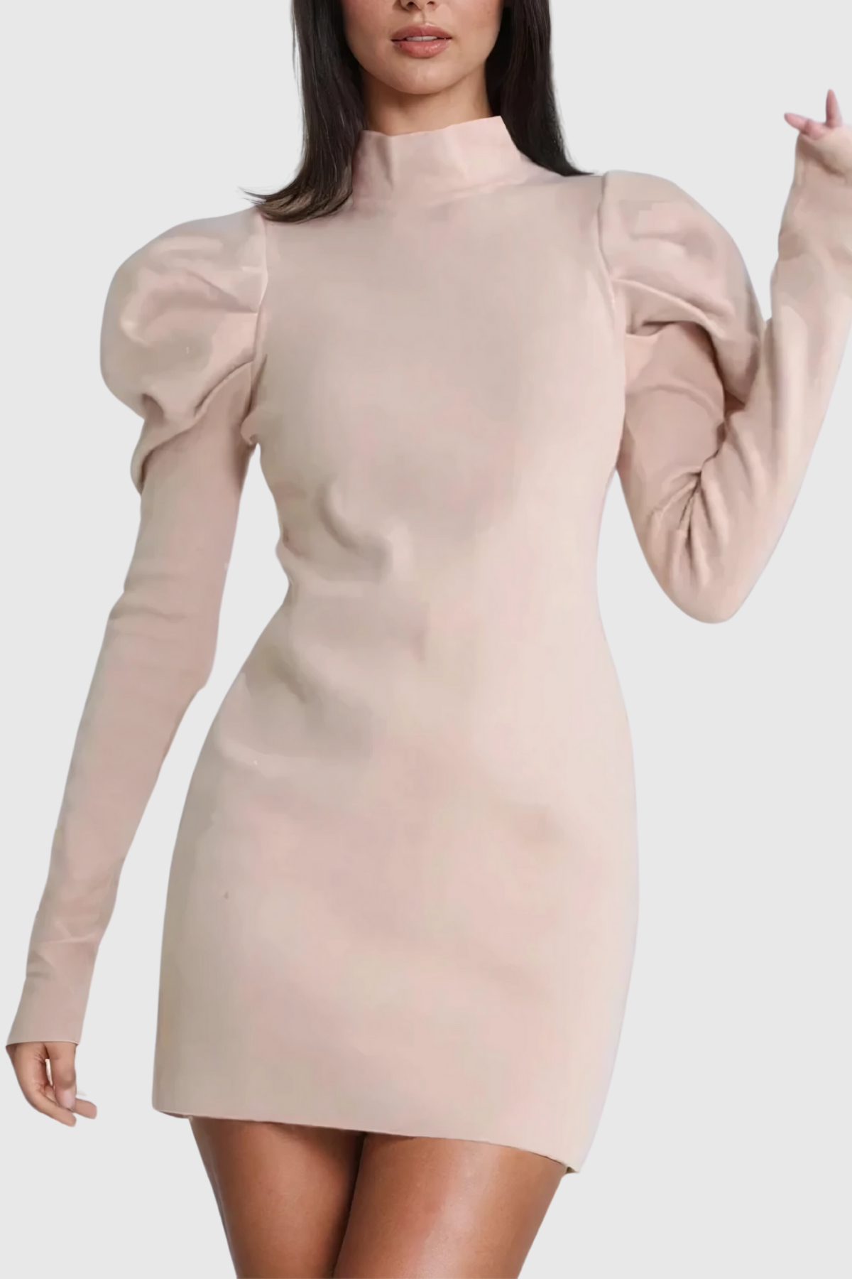 Aletta Stand Collar Ruch Long Sleeve Knit Mini Dress