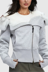 Alisha Faux Fur Zipper Asymmetric Jacket In Grey