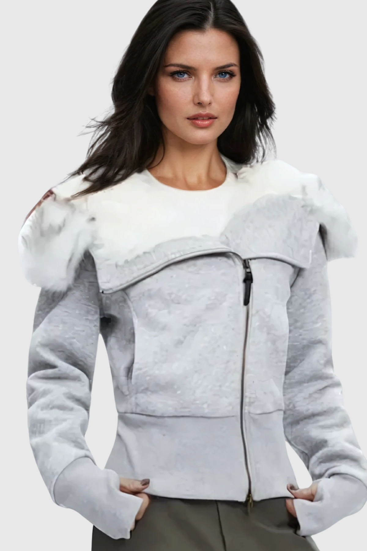 Alisha Faux Fur Zipper Asymmetric Jacket In Grey