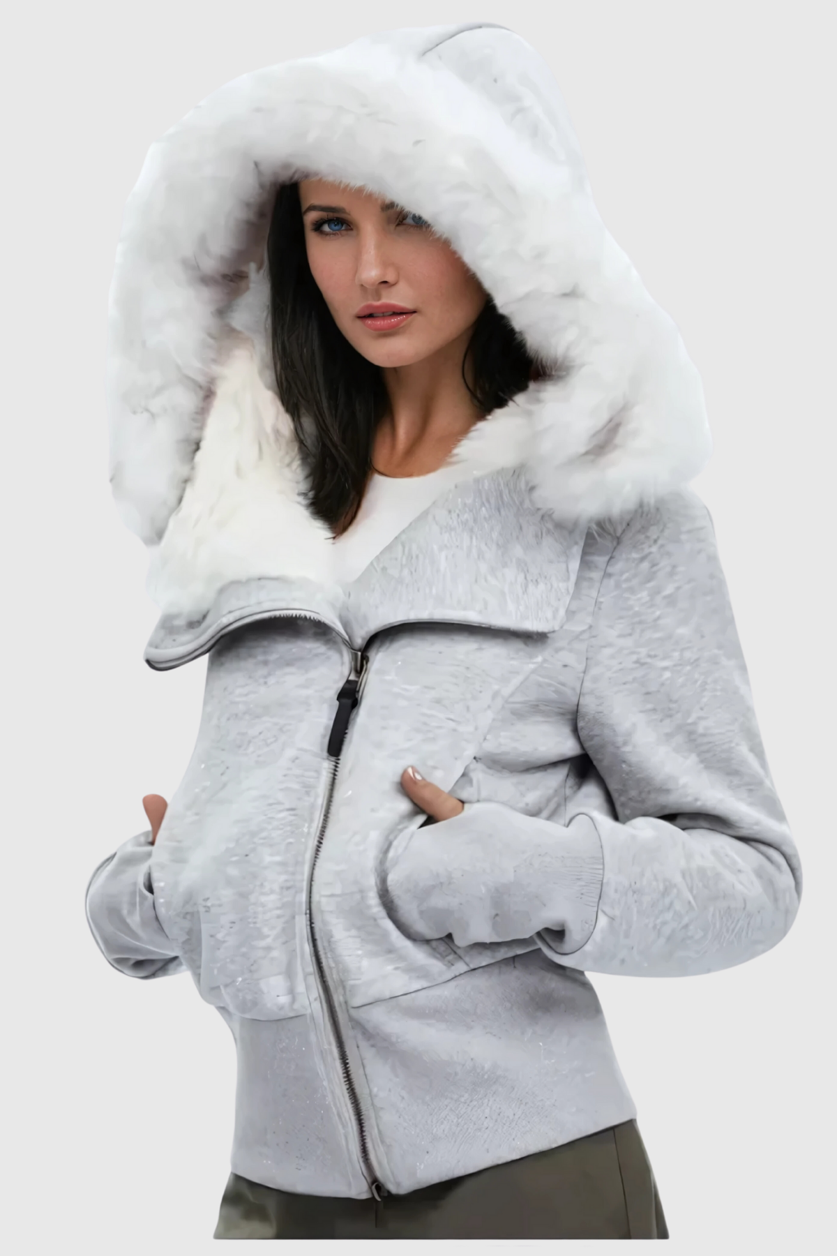 Alisha Faux Fur Zipper Asymmetric Jacket In Grey