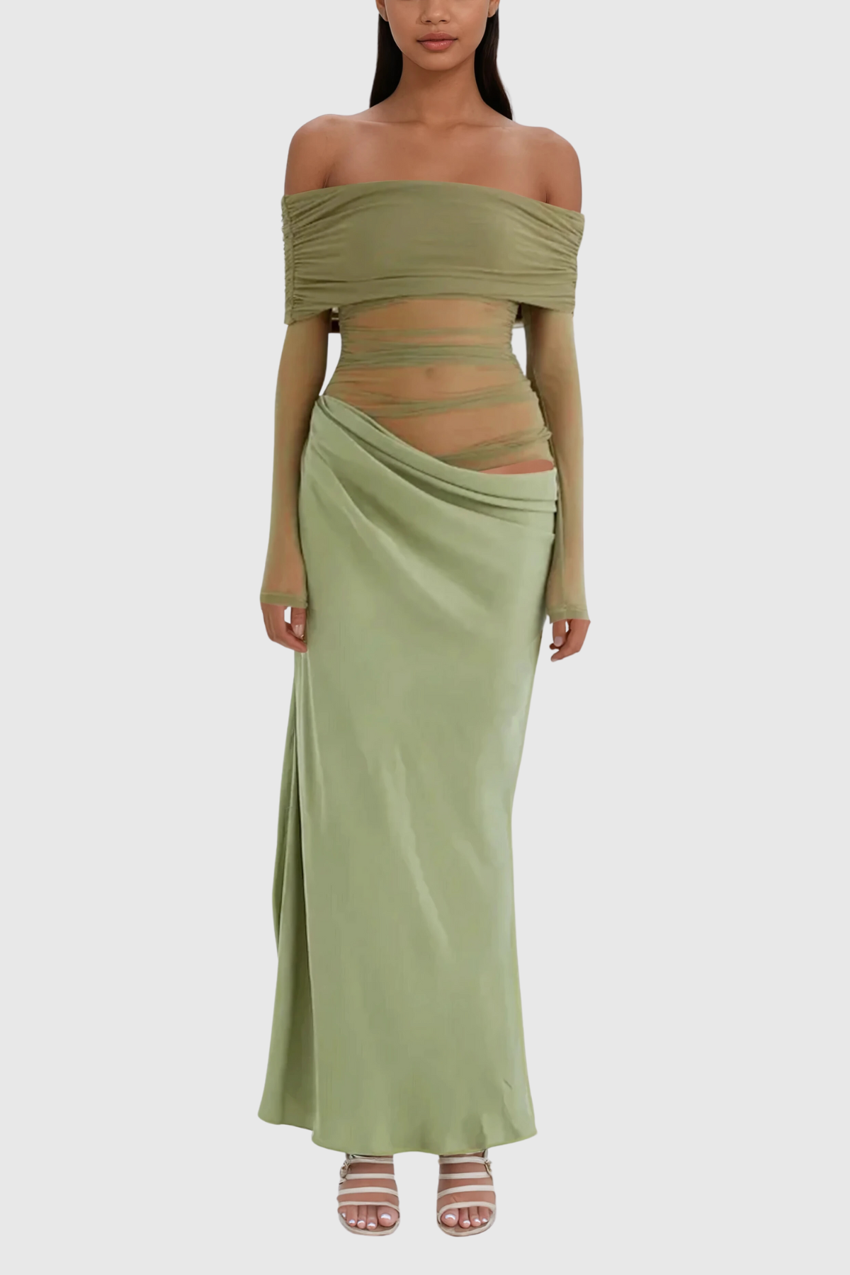 Alucia Off Shoulder Ruch Mesh Maxi Dress In Green