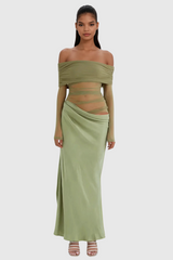 Alucia Off Shoulder Ruch Mesh Maxi Dress In Green