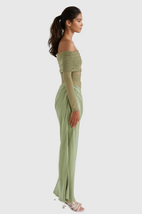 Alucia Off Shoulder Ruch Mesh Maxi Dress In Green