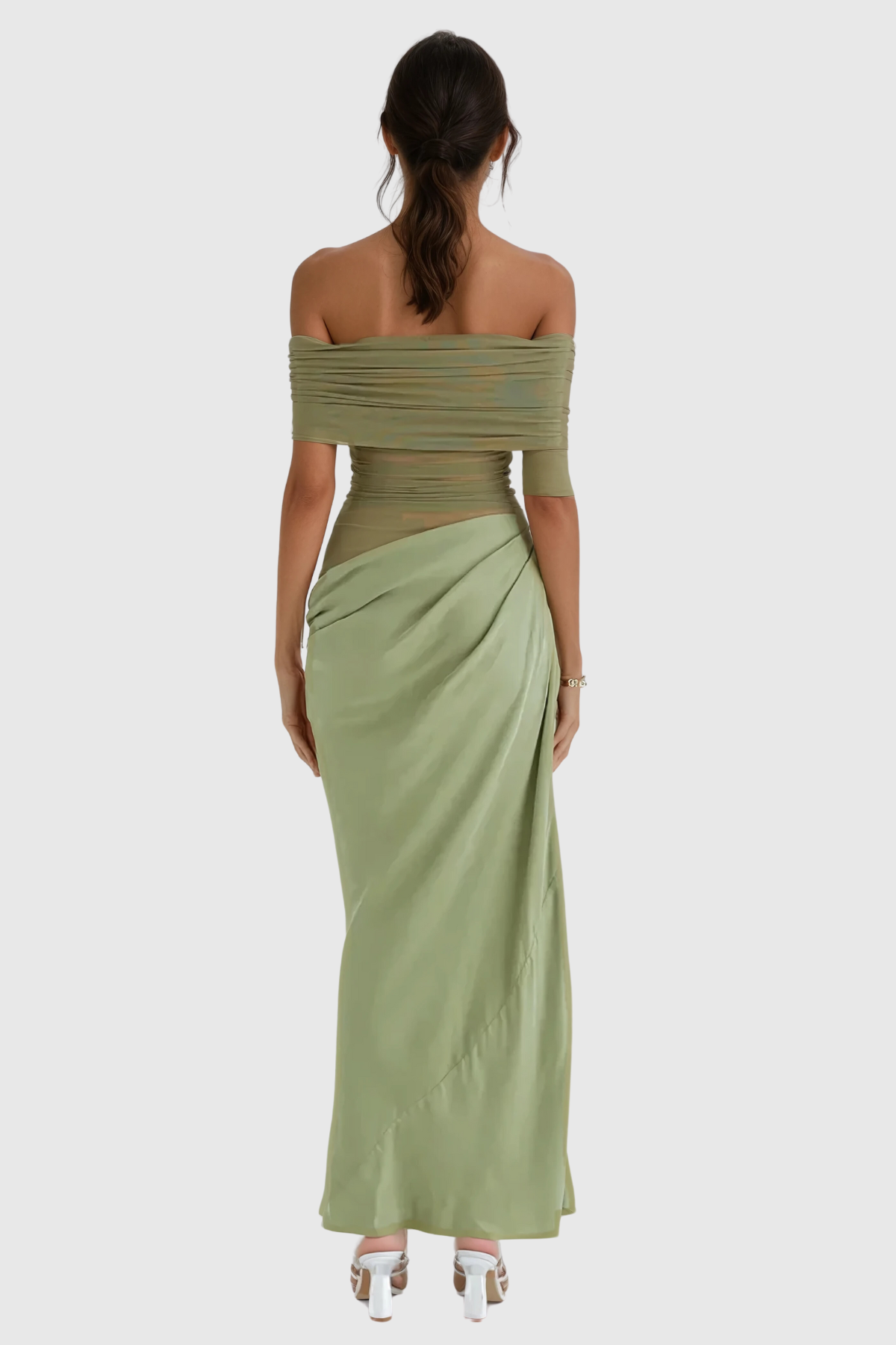 Alucia Off Shoulder Ruch Mesh Maxi Dress In Green