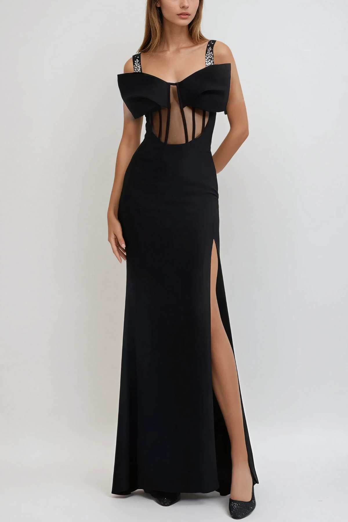 Almira Bow Lace Rhinestone Split Maxi Dress