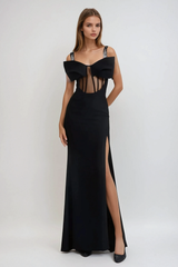 Almira Bow Lace Rhinestone Split Maxi Dress