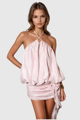 Alodie Halter Neck Backless Flower Satin Mini Dress