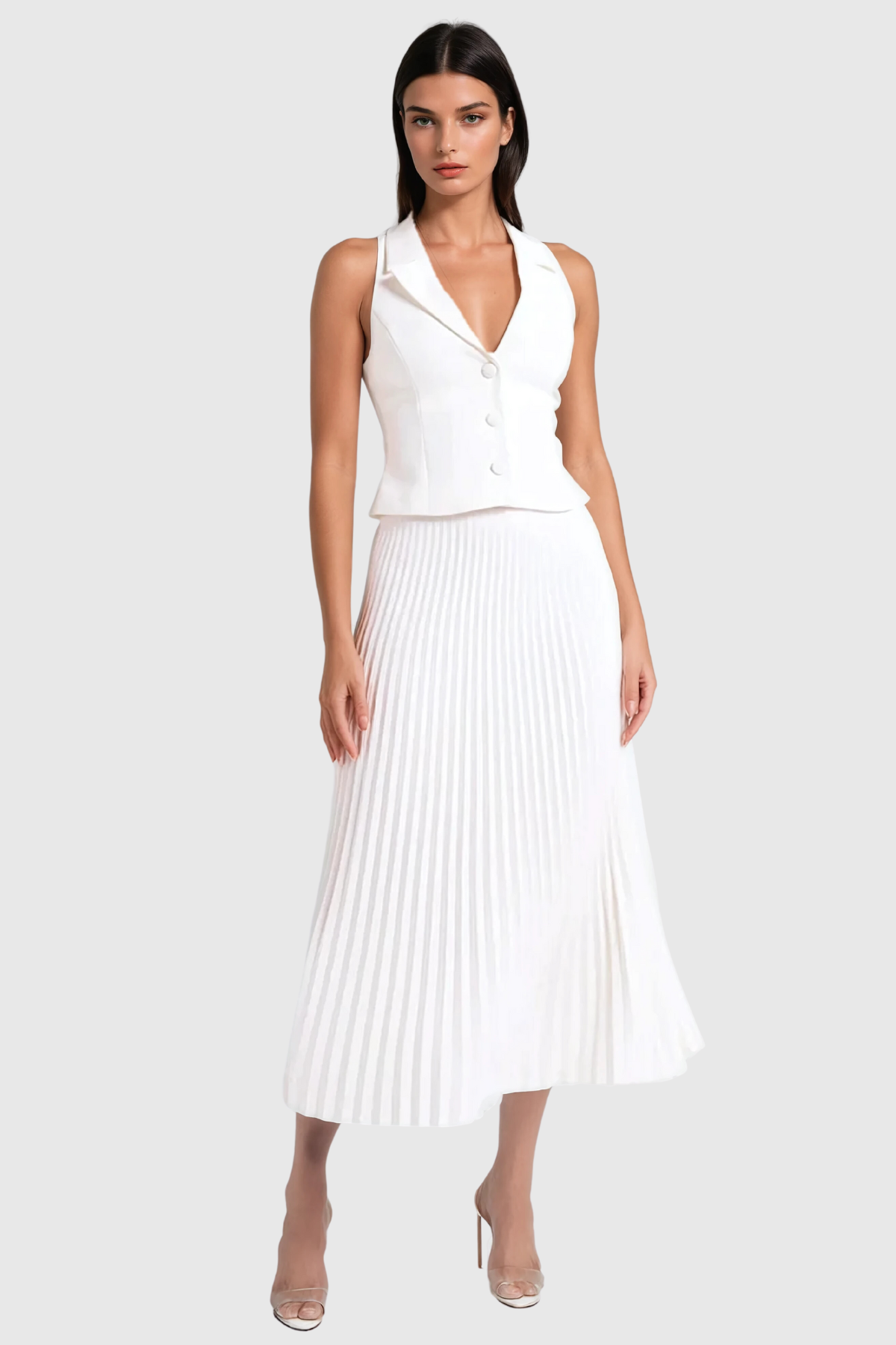 Alora Sleeveless Lapel Ruch Skirt Set In White