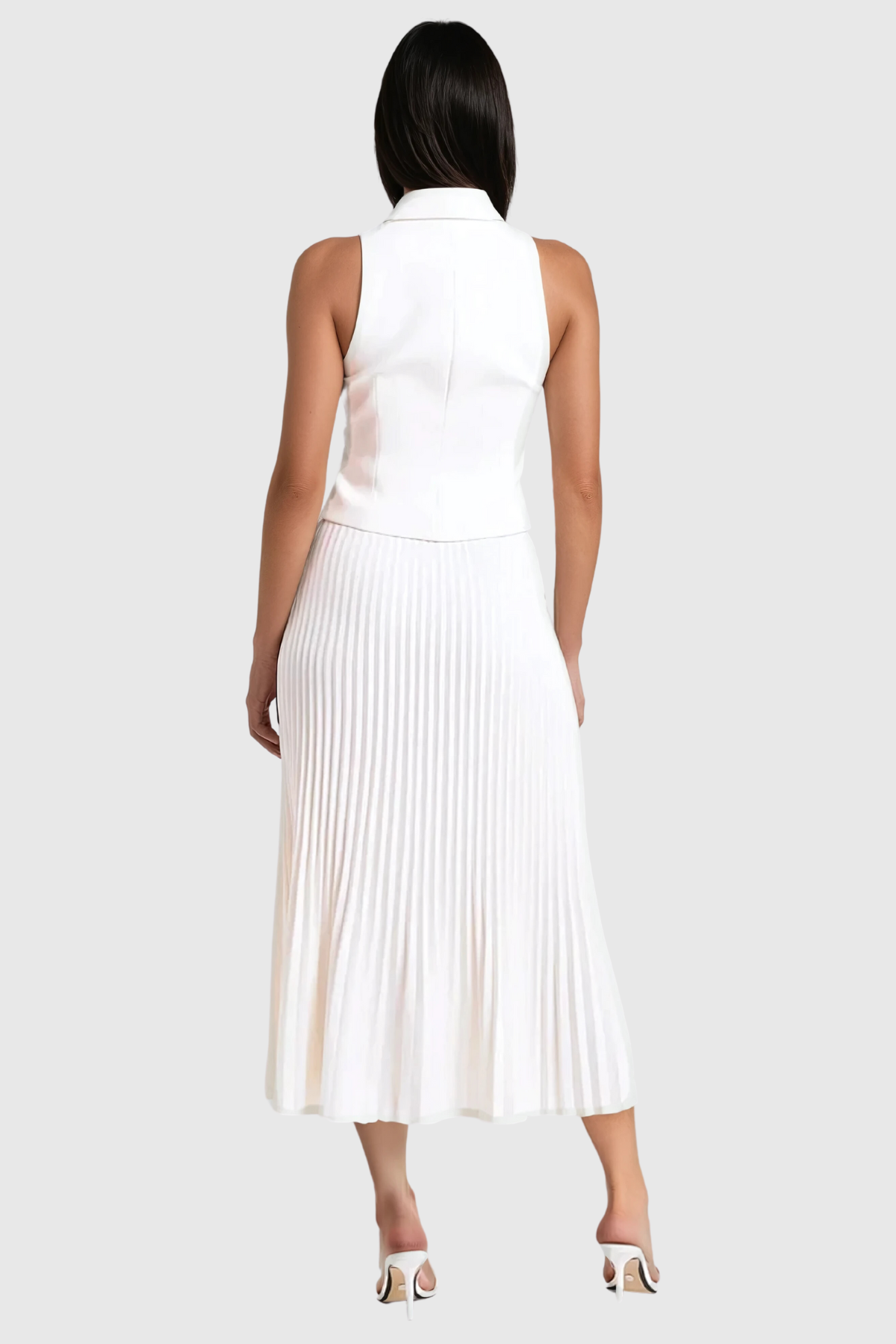 Alora Sleeveless Lapel Ruch Skirt Set In White