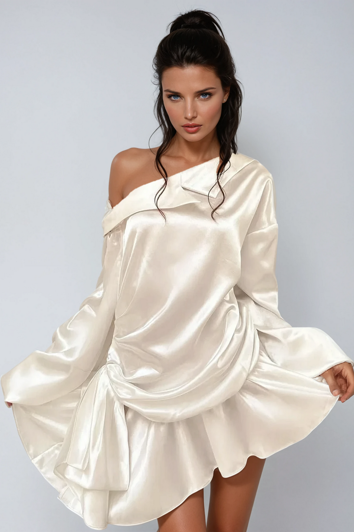 Alphonsine Single Shoulder Ruch Asymmetric Satin Mini Dress