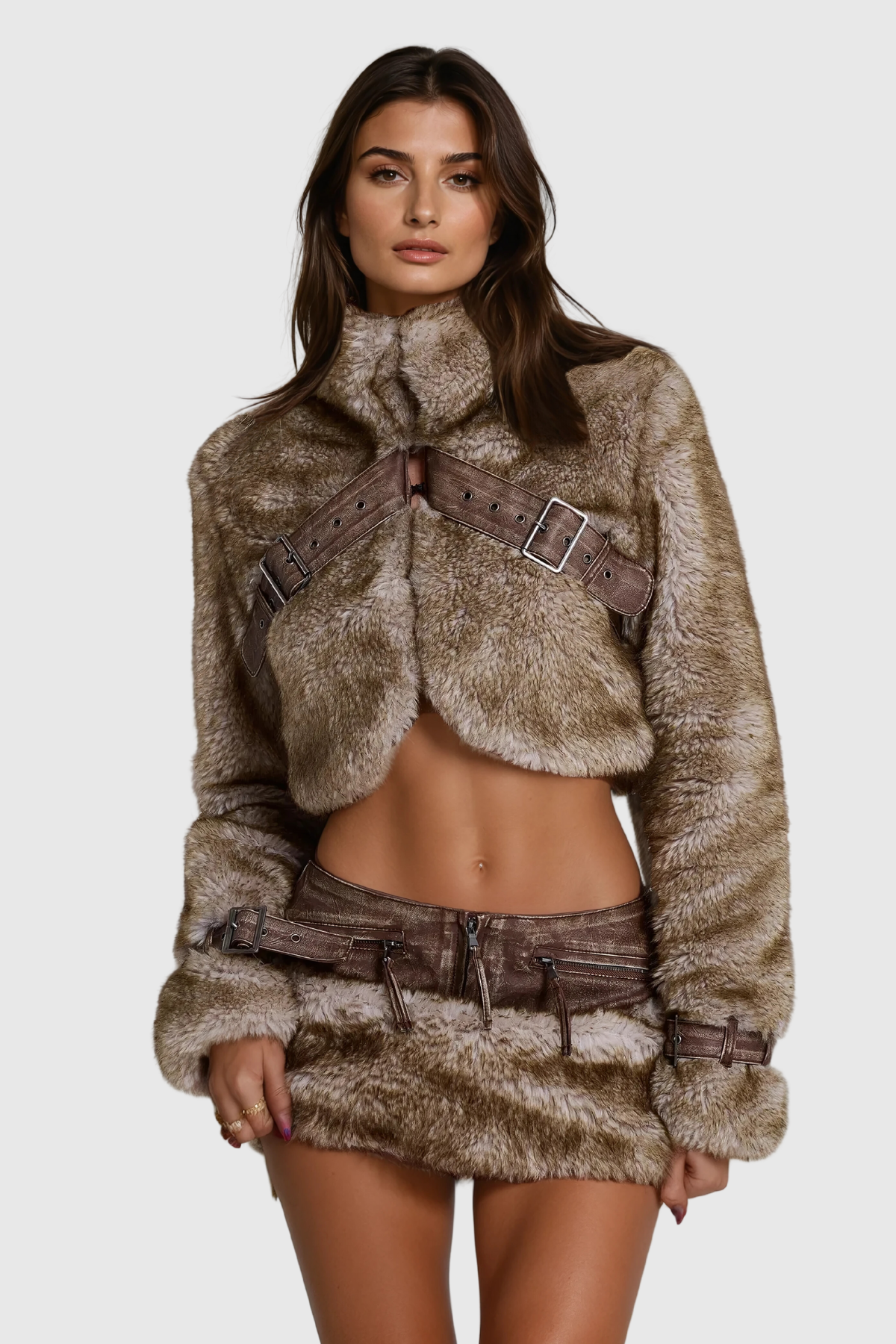 Alrik Faux Fur Buckle Short Skirt Set