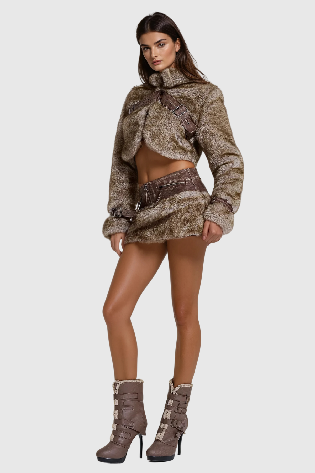 Alrik Faux Fur Buckle Short Skirt Set