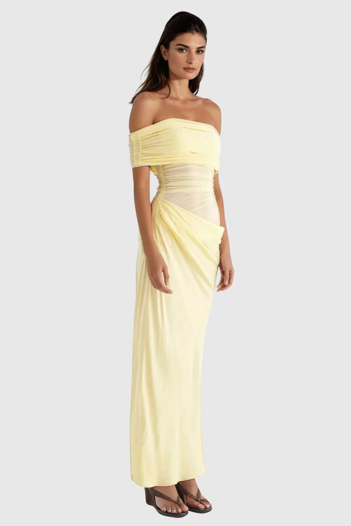 Alucia Off Shoulder Ruch Mesh Maxi Dress