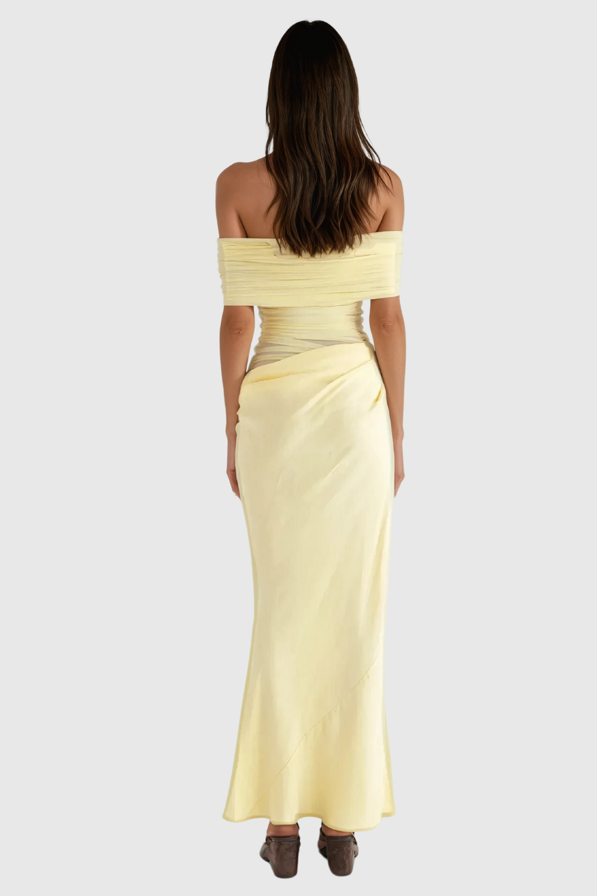 Alucia Off Shoulder Ruch Mesh Maxi Dress