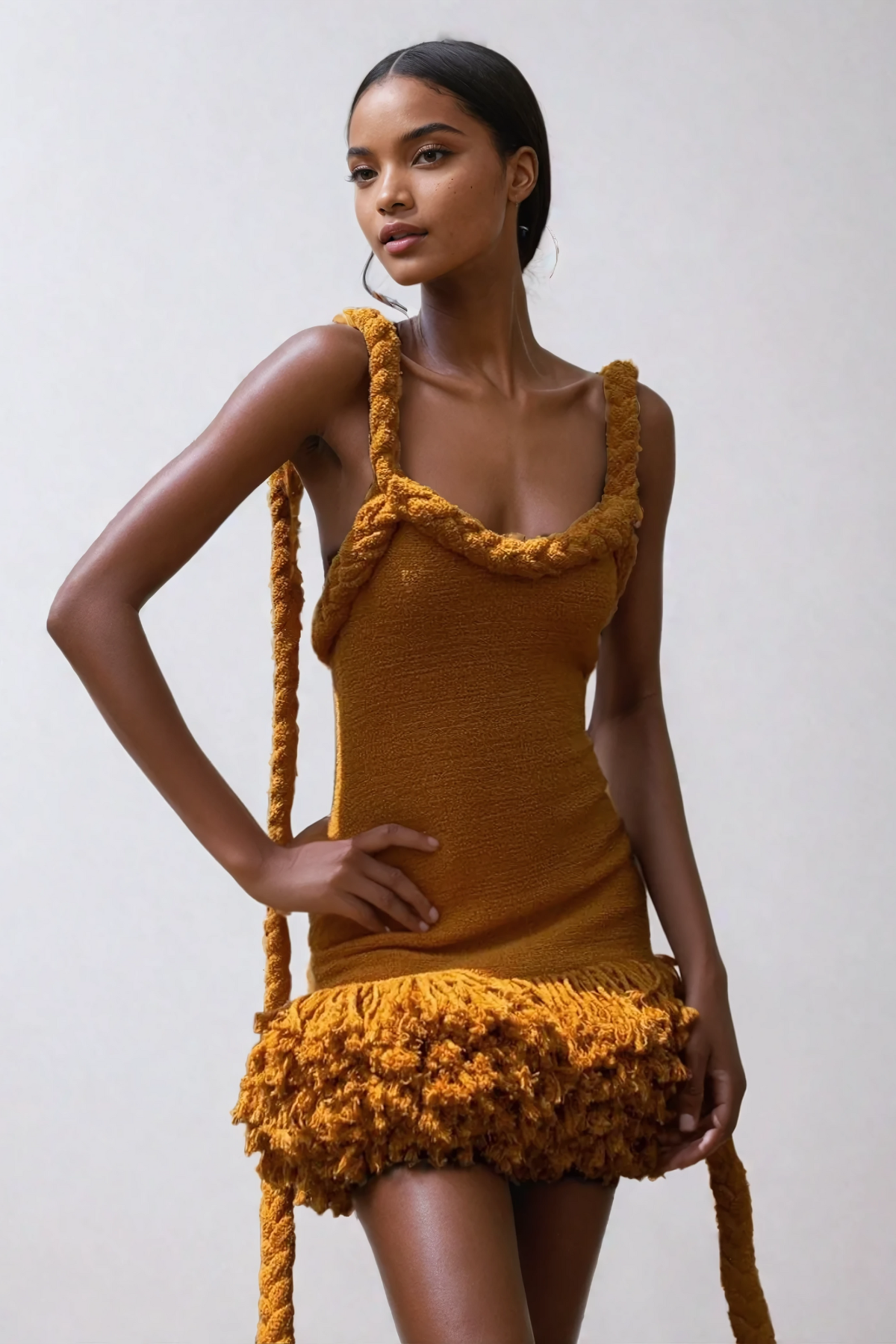 Alvis Bodycon Fringe Twist Knit Mini Dress In Yellow