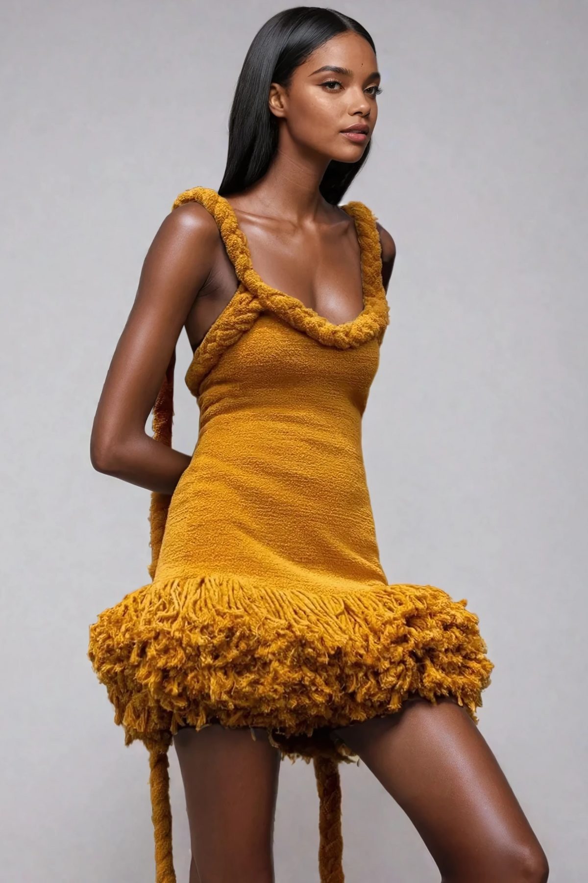 Alvis Bodycon Fringe Twist Knit Mini Dress In Yellow