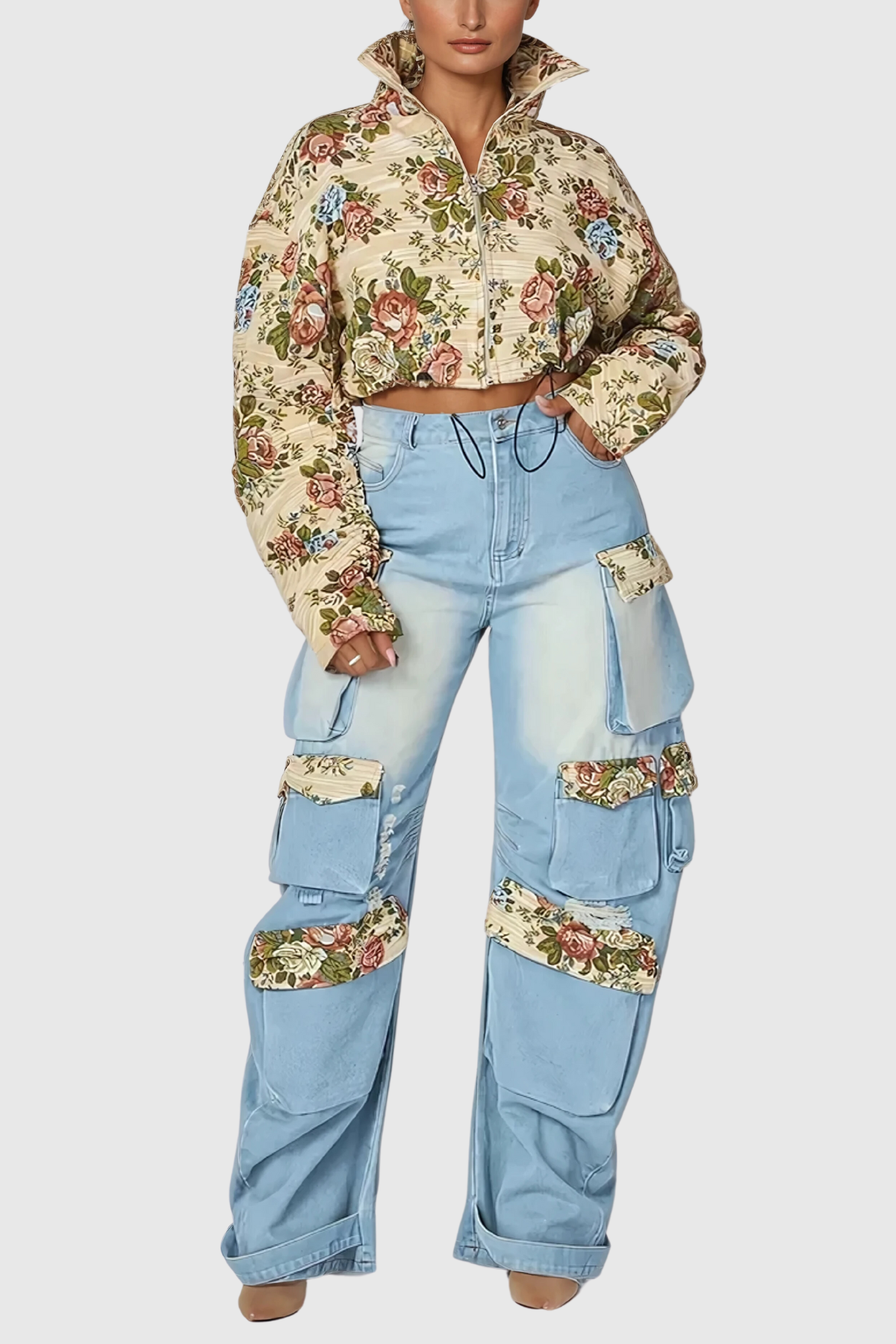 Alyra Floral Drawstring Denim Pants Set