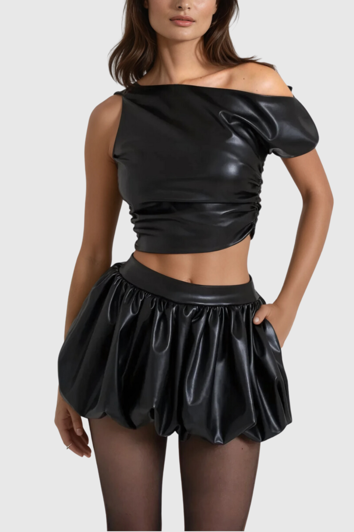 Alyria Ruch Asymmetric Ruffle Leather Skirt Set