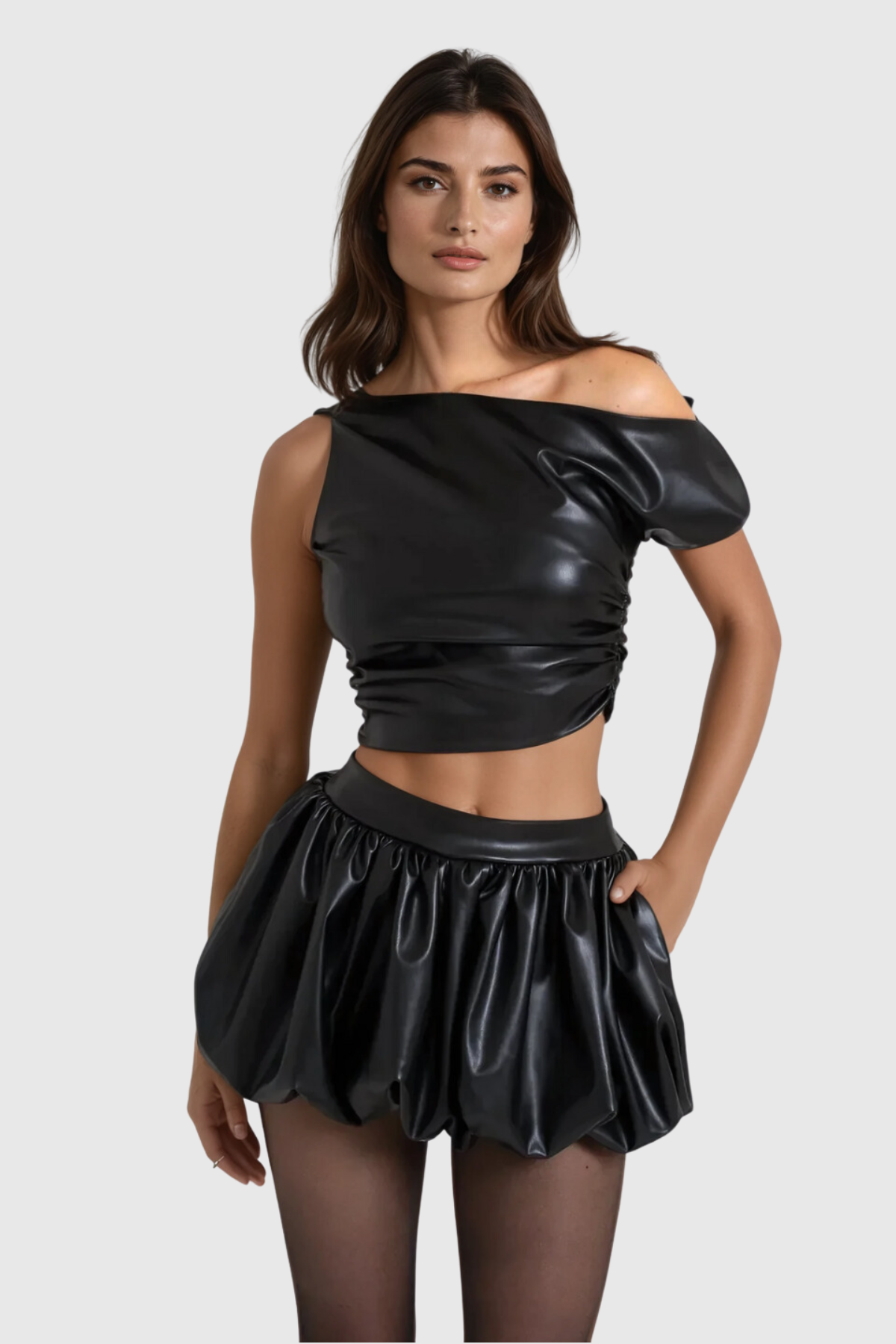 Alyria Ruch Asymmetric Ruffle Leather Skirt Set