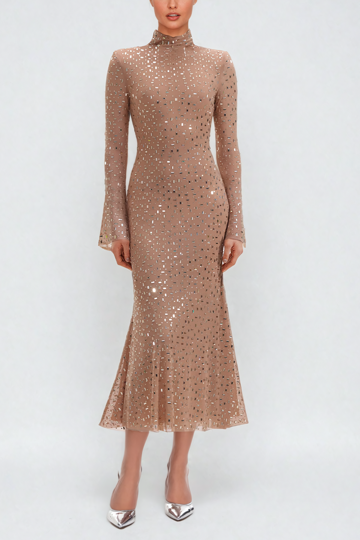 Andie Rhinestone Bodycon Long Sleeves Maxi Dress In Apricot