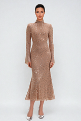 Andie Rhinestone Bodycon Long Sleeves Maxi Dress In Apricot