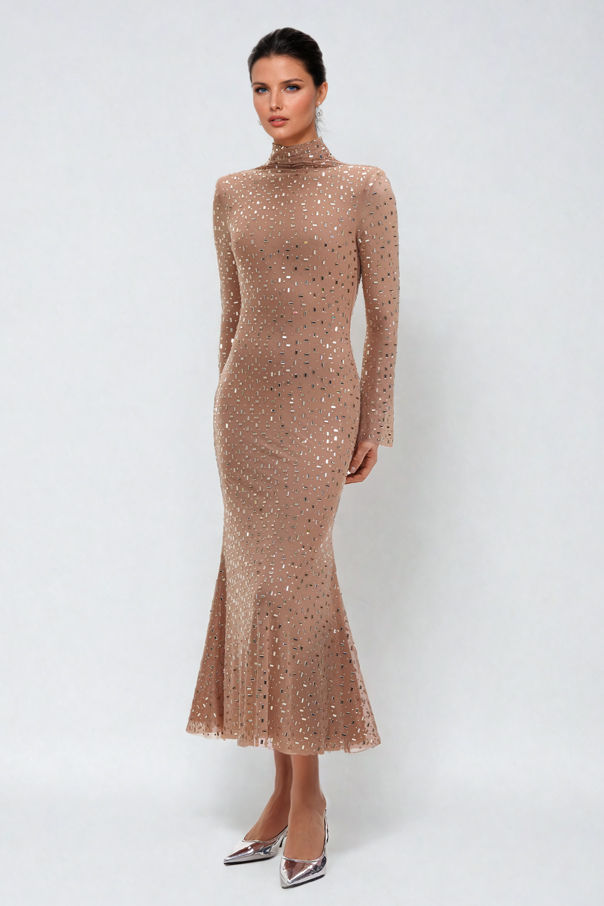 Andie Rhinestone Bodycon Long Sleeves Maxi Dress In Apricot