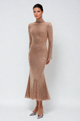 Andie Rhinestone Bodycon Long Sleeves Maxi Dress In Apricot