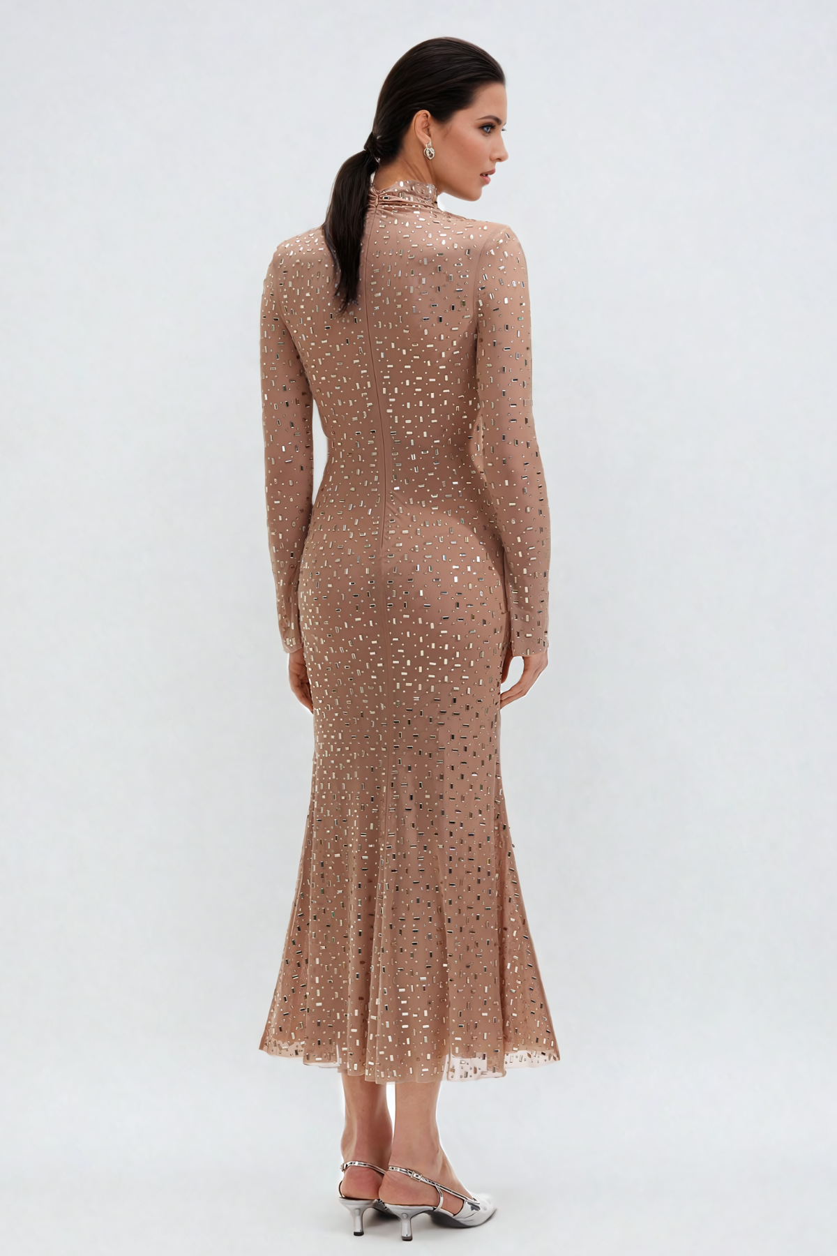 Andie Rhinestone Bodycon Long Sleeves Maxi Dress In Apricot