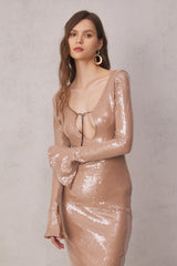 Aoibhe Long Sleeve Sequin Backless Midi Dress In Apricot