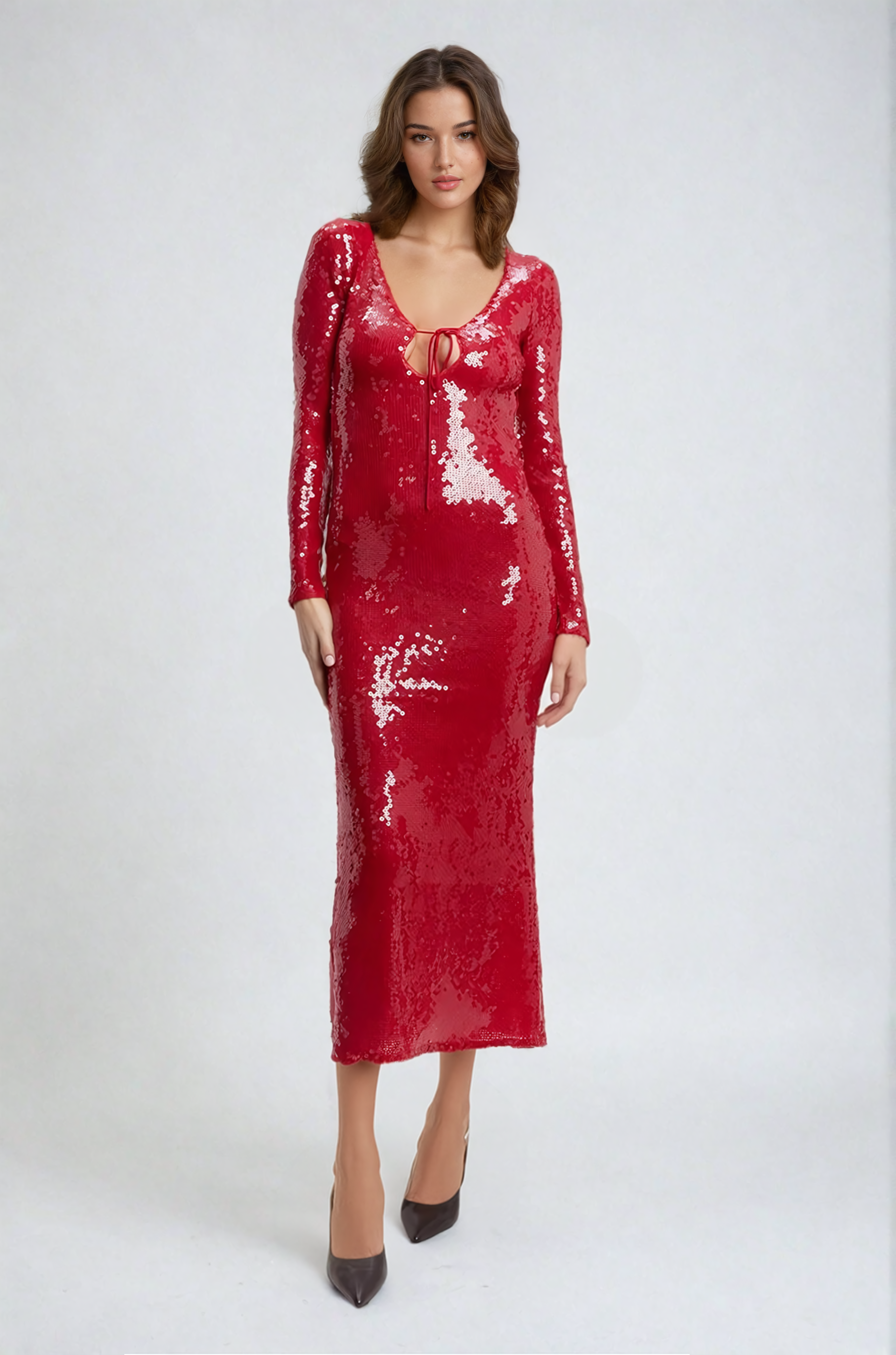 Aoibhe Long Sleeve Sequin Backless Midi Dress In Red