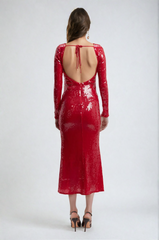 Aoibhe Long Sleeve Sequin Backless Midi Dress In Red