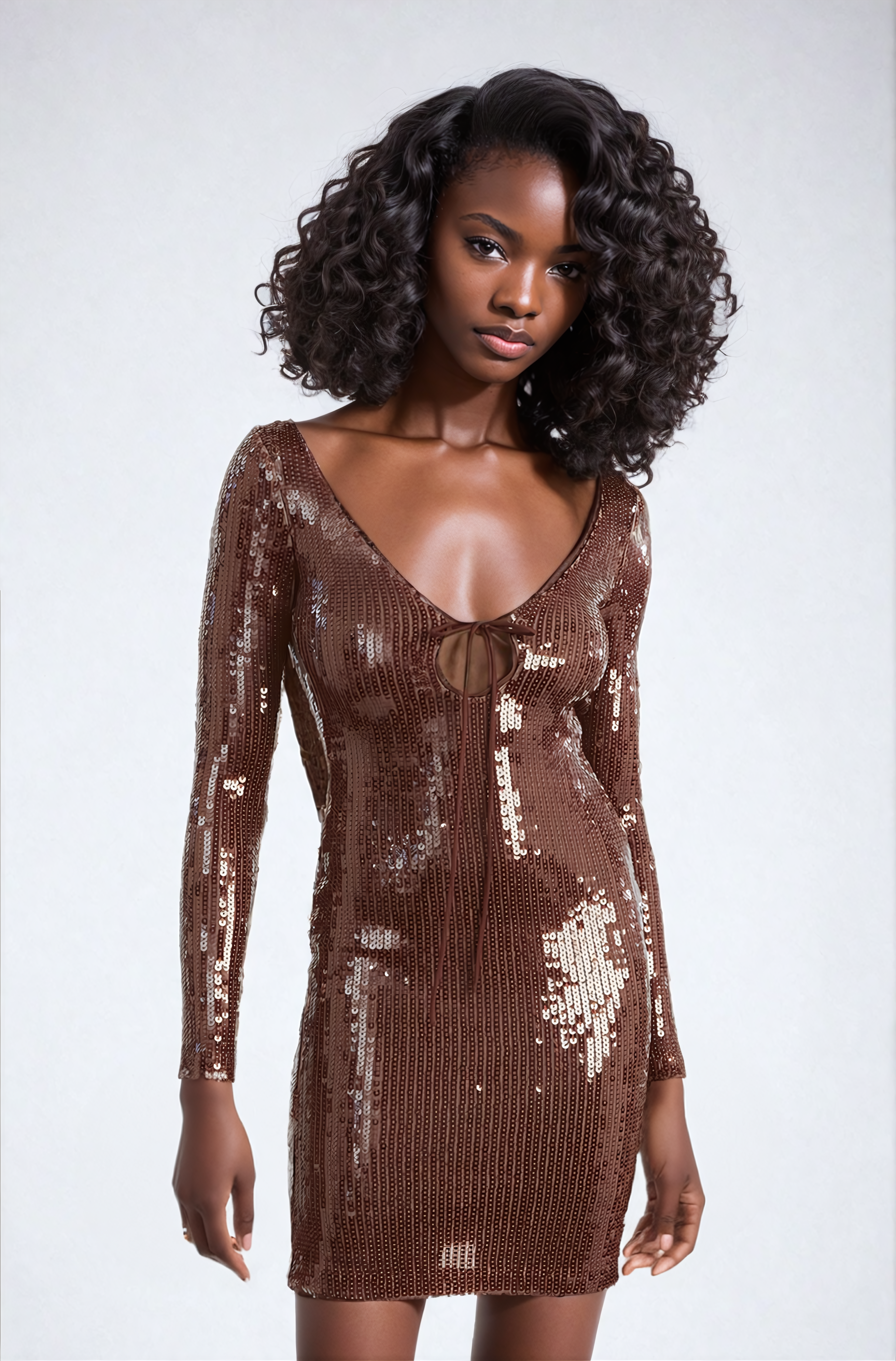 Aoibhe Long Sleeve Sequin Mini Dress In Brown