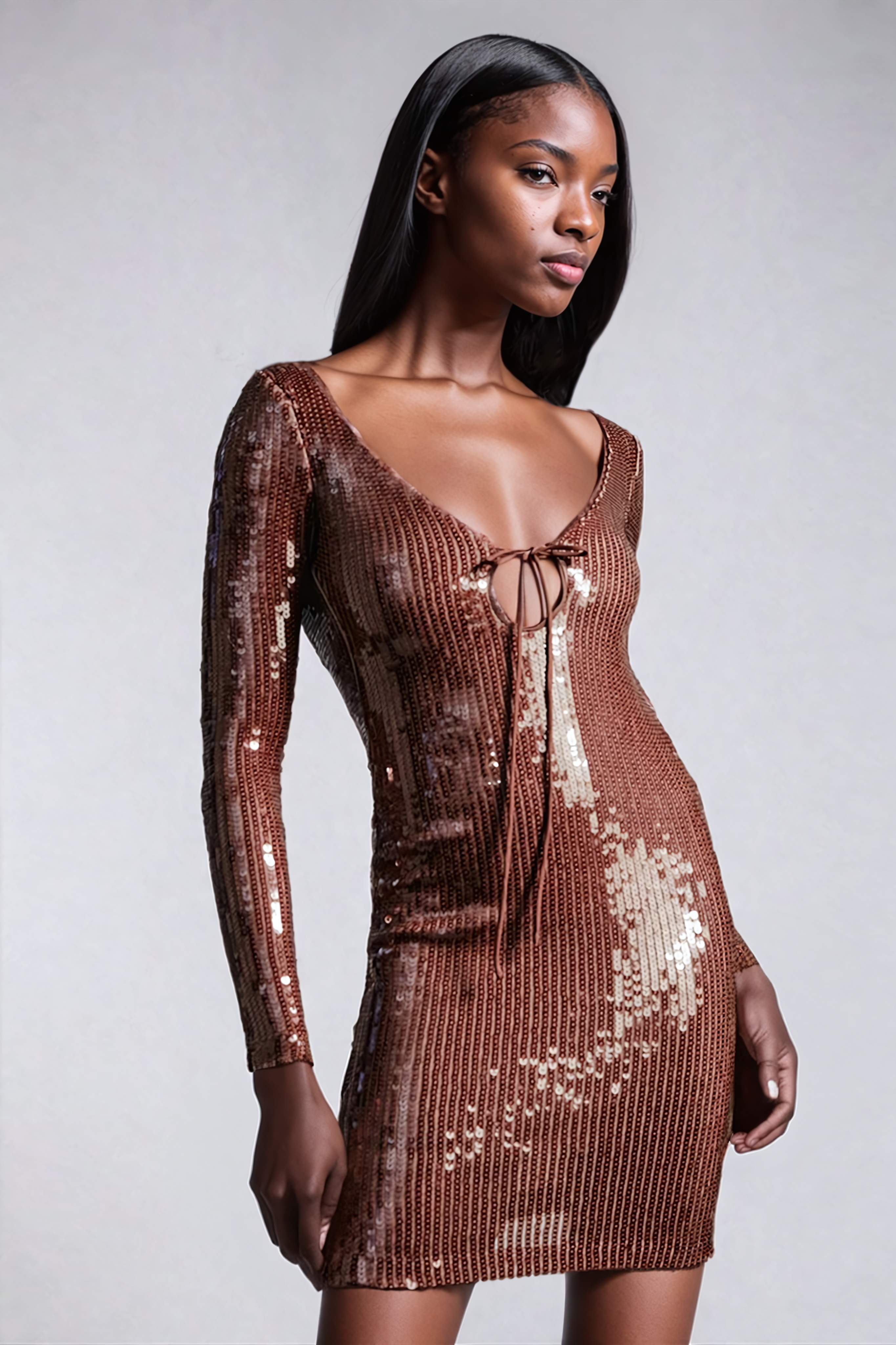 Aoibhe Long Sleeve Sequin Mini Dress In Brown