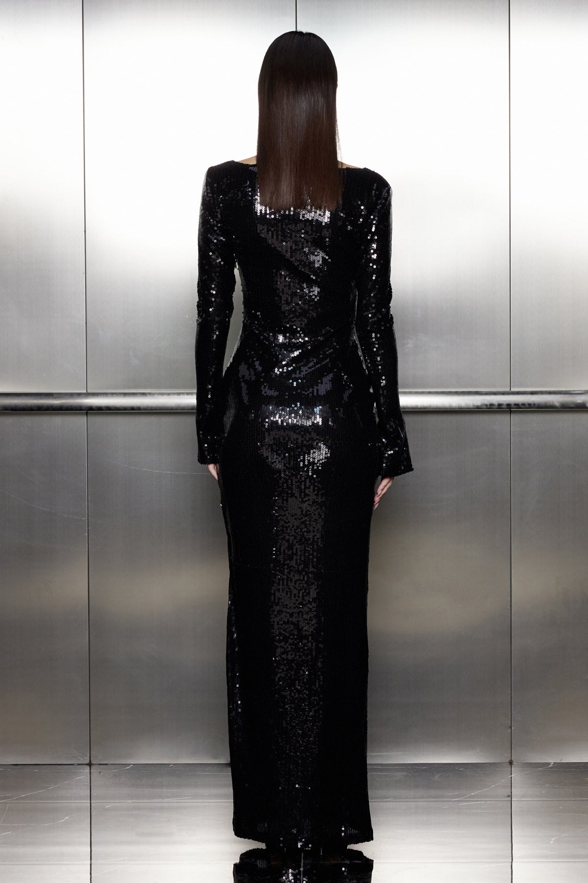 Aoibhe Sequin Long Sleeve Maxi Dress In Black