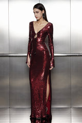 Aoibhe Sequin Long Sleeve Maxi Dress In Red